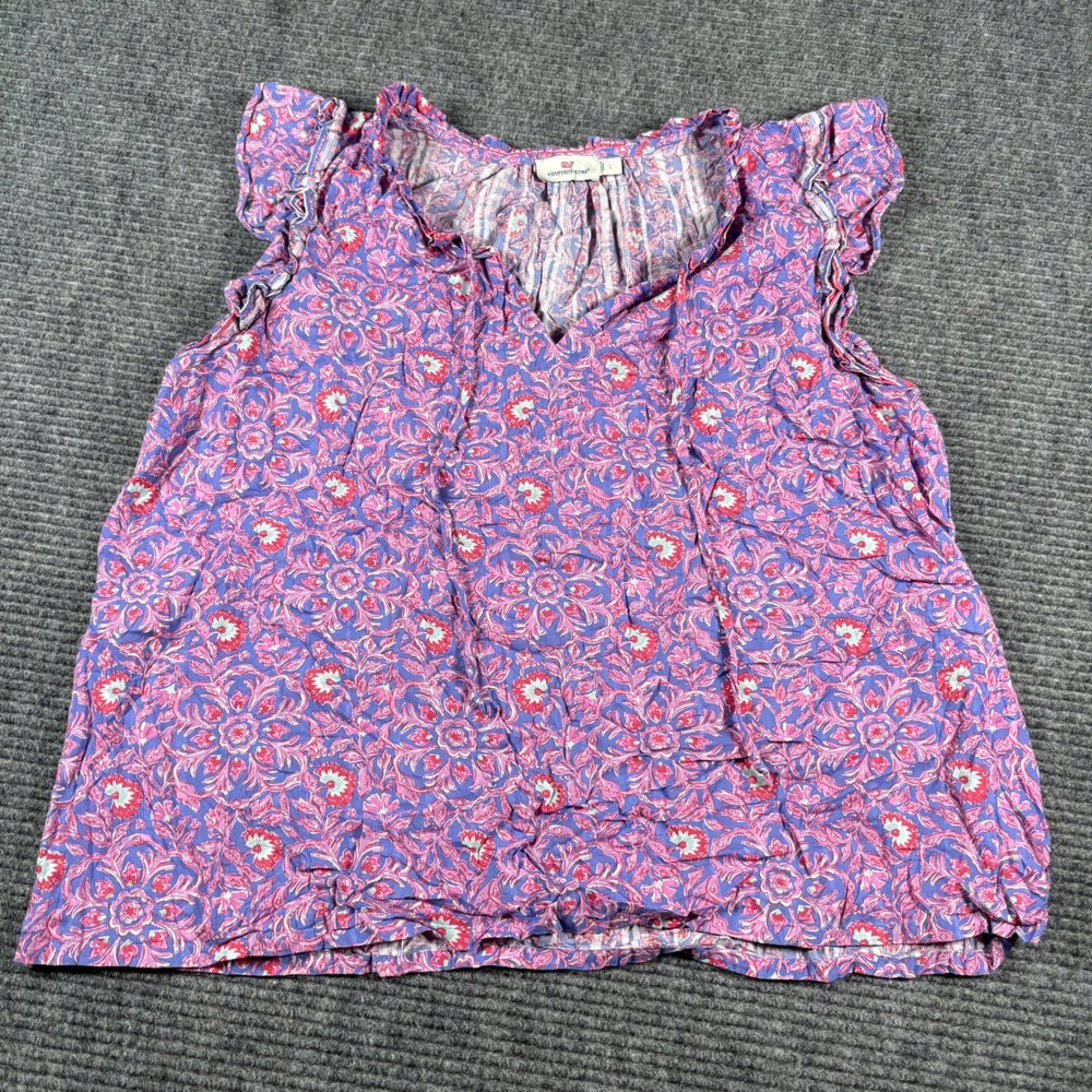 Vineyard Vines Womens Purple Floral Flutter Sleeve V-Neck Ruffle Blouse Large